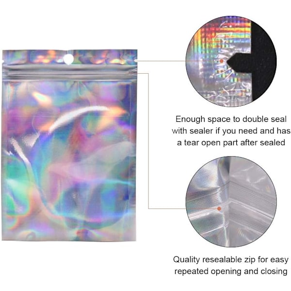 100 stk Holografiske Mylar Zip Lock Vesker Gjenlukkbare 10,4 x 14,9 cm, Forseglelige Folie Prøvepose Gaveposer for Godteri Snacks Smykker Vippe Leppestift