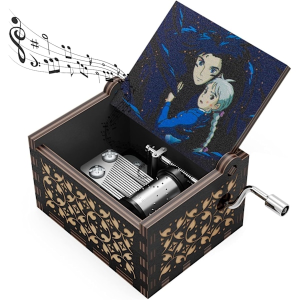 Castle Wood Music Box, Anime Theme Music Merry Go Round of Life Wooden Hand Cranked Musical Boxes New Year Birthday Gift (Black1)