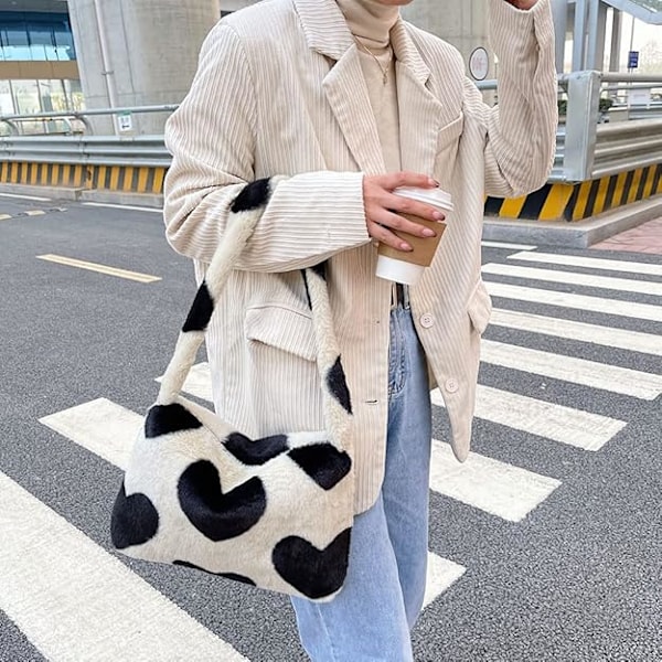 Y2K Stor Kapacitet Farverig Blomst Hjerte Print Fluffy Taske Casual Plys Crossbody Skuldertaske Håndtasker & Skuldertasker Til Kvinder-Sort Kærlighed