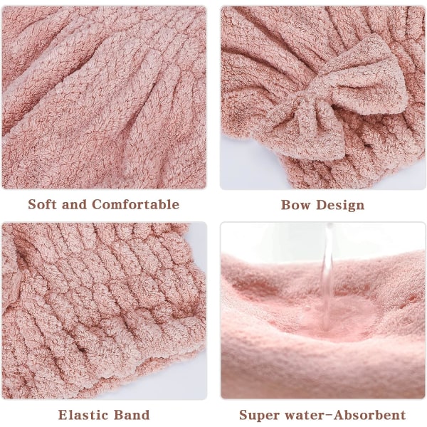 2 pakke mikrofiber hårtørkehåndklær, superabsorberende turban hårhåndklehette, hurtigtørkende hodeinnpakning med bueknute dusjhette for krøllete (rosa og brune)