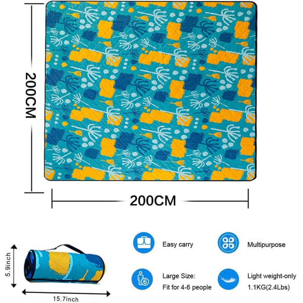 Piknik-matto Pesu- ja Taitettava Ulkokäyttöön Olkahihnan kanssa Kevyt Leirintämatto Ihanteellinen Matkustukseen Lämpöeristetty, 200 x 200 cm