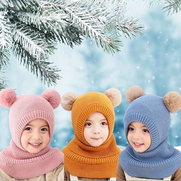 Winter Warm Hat Tørklæde med Dobbelt Pom Pom til børn, 48-52 cm