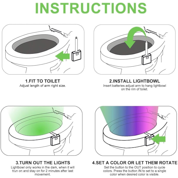 Toilet natlys, bevægelsesaktiveret toilet natlys, bevægelses-LED-natlys - passer til alle toiletter, 8 farveskiftende