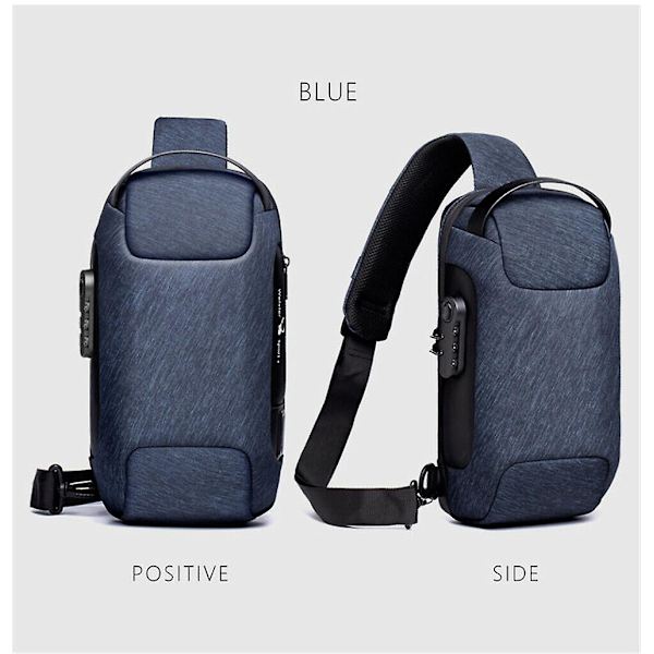 Miesten crossbody-rintareppu, vedenpitävä, varkaudenesto, reppu, USB-latausportti Blue