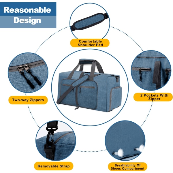 Resväska för män och kvinnor, hopfällbar weekendväska med skofack och axelrem Blue