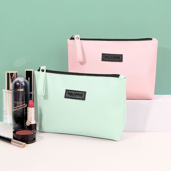 Lille kosmetikpung til håndtaske, lille makeuptaske, bærbar rejsemakeuppung, vandtæt PU-læder makeuppung med håndtag Pink and Green