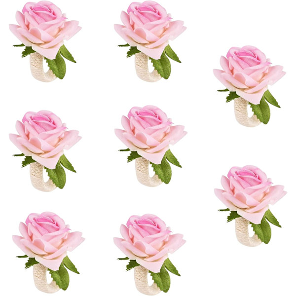 8 st Servett Ringar Set Blommiga Servetthållare Ringar Konstgjorda Ros Servettringar Burlap Snöre Servett Spänne Handgjorda Falska Rosa Ros Servettögla