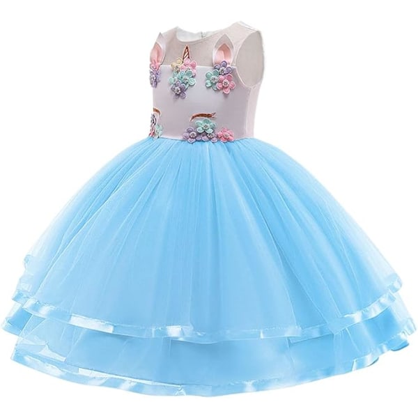 Barn Enhörningsdräkt Klänning, Flicka Enhörningskjol, Blommor Flicka Ärmlös Festkläder, Födelsedagskläder Festkläder Blue 140cm