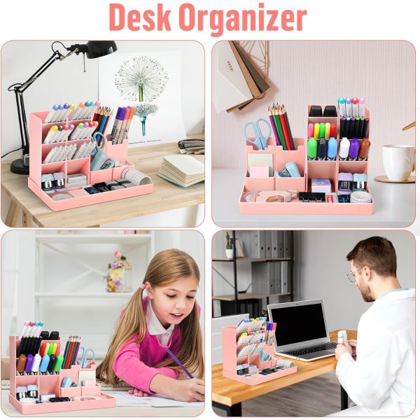 Penholder 5 rum Skrivebordsorganisator Blyantholder Penorganiser til skrivebord Multifunktionelt skrivebord Tidy til piger Drenge Pen Stationær Organizer, Pink