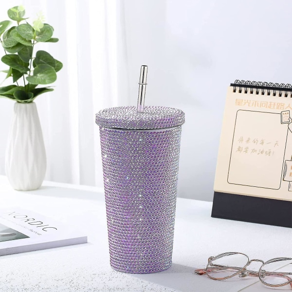 Bling Diamond Tumbler Glitter Vandflaske Med Låg - Purple