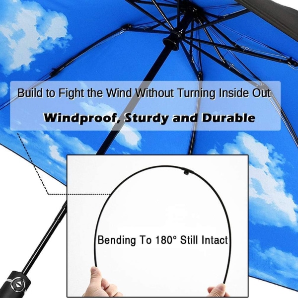 Kompakt paraply vindsikkert foldbart rejseparaply - Automatisk paraplyer (Blå himmel)
