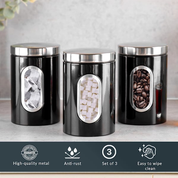 3 stk. Køkkenbeholdere - Velegnet til Sukker, Te, Kaffe osv. - Multi-Madopbevaringsglas - Sort