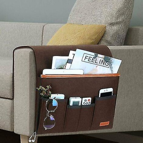 Sofa armlæn organizer, lænestol taske opbevaring med 5 lommer, stolbetræk til fjernbetjening, Ipad, magasin, briller (brun)