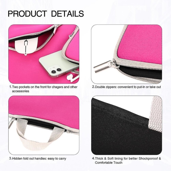 Vandtæt Laptop Sleeve Case Taske 13x9.1 Tommer Lynlås Lomme Til Macbook Samsung Chromebook Hp Acer Lenovo-rose Rød