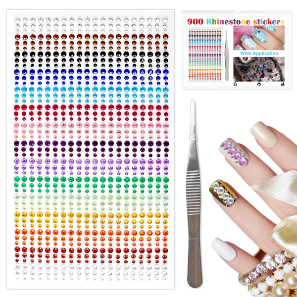 900 stykker rhinestone klistremerke selvklebende perle med pinsett Runde krystallperler for negler Ansiktsfestival Makeup DIY Håndverk Dekorasjoner Fe