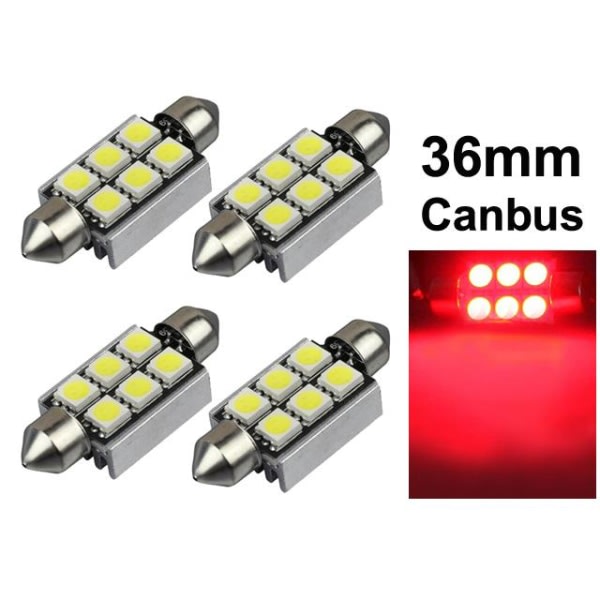 Skyllelys 36mm rød Canbus Led 5050SMD 4-pak C5W SV8.5 Rød