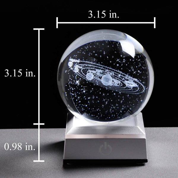 3,15" (80 mm) Solsystem Krystallkule 3D Solsystem Planeter Modell Globe med LED-base Dekorativt hjem ornament Astronomi Gaver (sølv base)