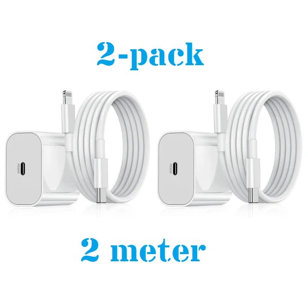 2-Pack - iPhone Oplader Hurtigoplader - Adapter + Kabel 20W USB-C 2m