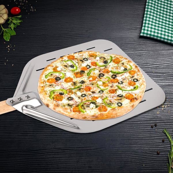 Pizzaspade, 12 tommer 40 x 30 cm perforert pizzaspade i rustfritt stål, profesjonell stor overflatestøtte med langt håndtak