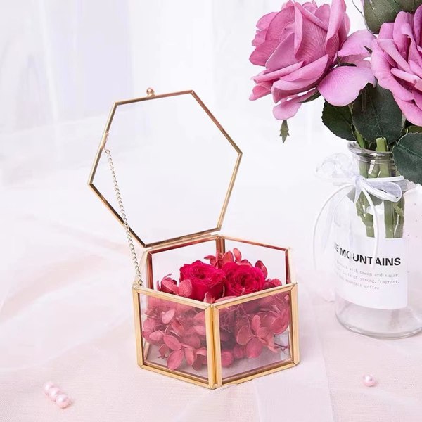 Glas Smykkeæske Lille Smykke Dekorativ Æske Klar Smykke Display Æske Nipsgenstand Opbevaringsholder Hexagon Ring Etui Smykkearrangør Gylden Small