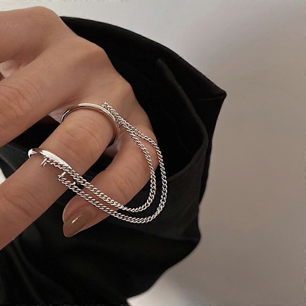 Coolt dobbelt ringsæt med kædedetalje, trendy fingerringe til hiphopelskere Silver