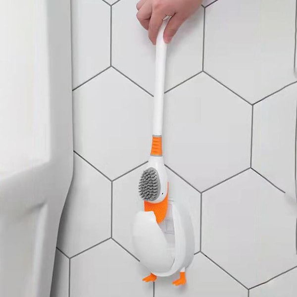 Silikon Toiletbørste med Søde Ande Opbevaringsstativ Holdbar Punch-fres Rengøringsbørste Stativ til Badeværelse Yellow