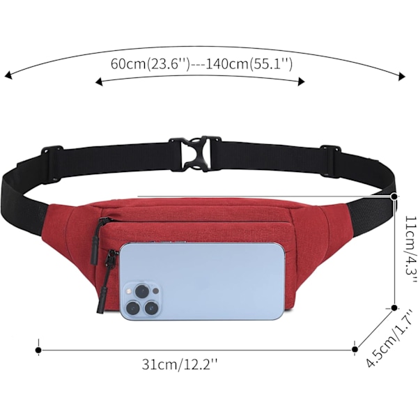 Bumbag Midjeveske Fanny Pack Hundelufting Bumbag med Justerbar Belte Bumbag for Reise Utendørs Sport Løping Vandring Jogging Kvinner Menn Red