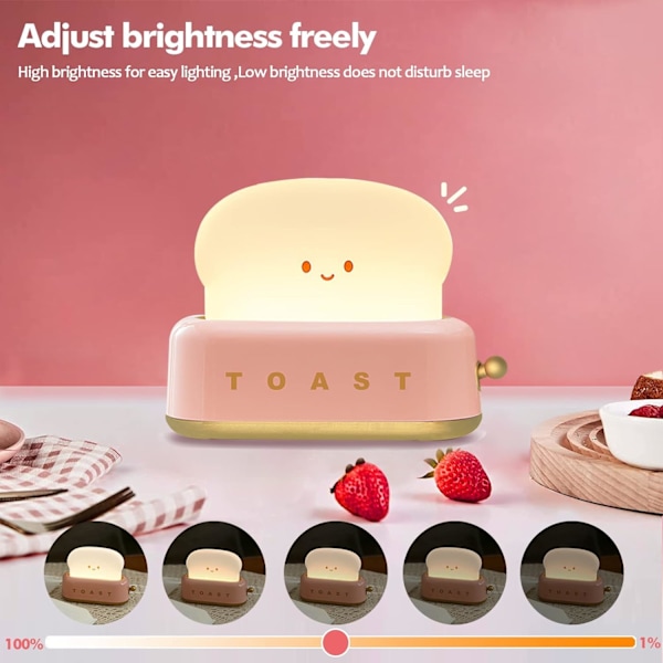 Toastbrød LED-natlampe, sød borddekoration Brødrister med timer, kreativt design Sengebordslampe til babybørn piger teenagere Pink