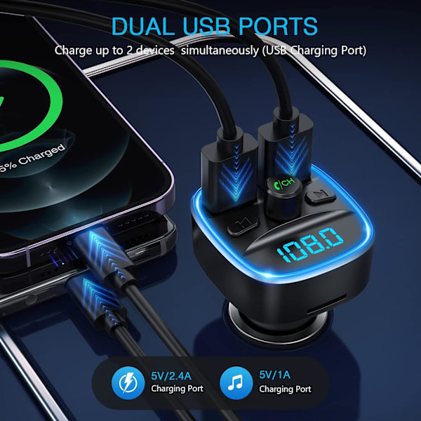 Bluetooth FM-sender til bil - Universal billader med dobbelt USB-opladning - Black