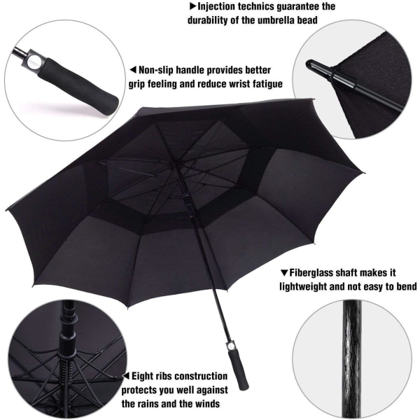 Golfparaply vindtæt 62 tommer, dobbelt baldakinventilation, automatisk åben, overdimensioneret, solbeskyttelse ultraregn- og vindafvisende pindeparaply
