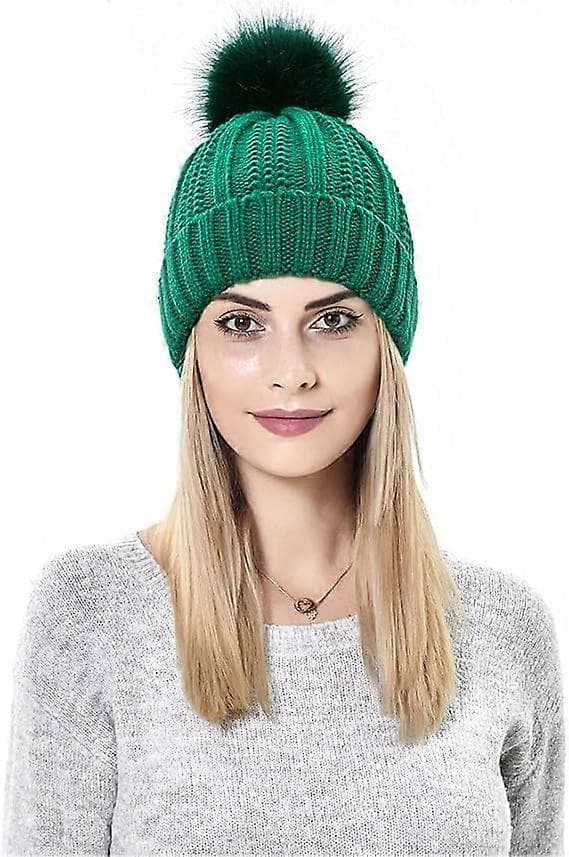 Stickad mössa för kvinnor med satin foder Pom Pom Vinter Varm Mössa Tofsmössa