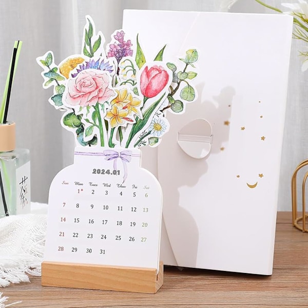 2024 Bloomy Flowers -pöytäkalenteri, maljakon muotoinen uusi vuosi kuukausittainen kalenterisuunnittelija, luova kukkapöytäkalenteri työpöydän sisustukseen, kodin sisustus