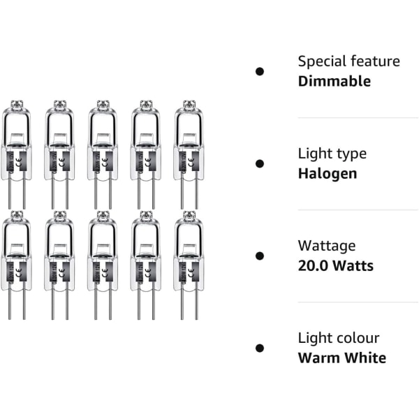 G4 halogenlamper 20W 12V - varmt hvitt - 10-pakning 20W 10stk 20W 10pcs