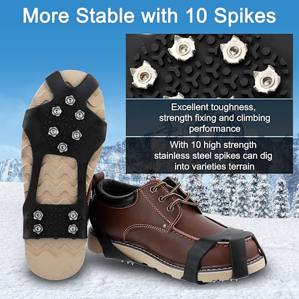 Crampons isbrodder for sko og støvler, snøgrep med 10 rustfrie stålpigger, vinter utendørs sklisikre crampons for gåing, fiske