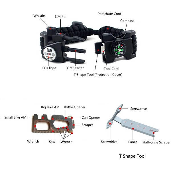 Justerbar overlevelsesarmbånd, 7-core paracord 20 i 1 nødsport armbånds gear kit med vandtæt LED SOS-lys