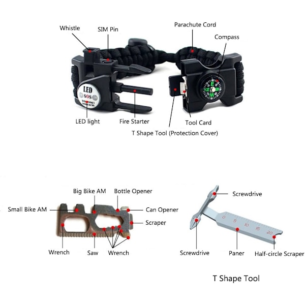 Säädettävä selviytymisranneke, 7-ytiminen paracord 20-in-1 hätäurheilurannekkeen varustepaketti vedenpitävällä LED SOS -valolla