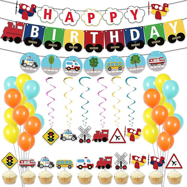 Transport Theme Birthday Balloon Pull Flag Set Airplane Train Paper Banner Cake Hanging Spin