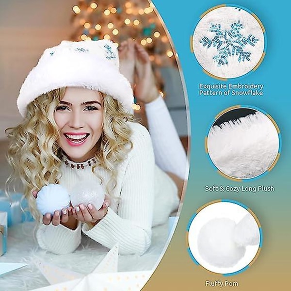 Hvit plysj nisselue for voksne Luksus julelue brodert med skinnende paljetterhatt Deluxe julenisse (1 stk-blå)