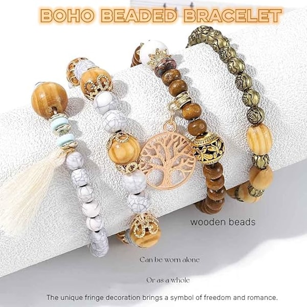 Boho Perlearmbånd, Multilags Træperlearmbånd, Stretch Armbånd, Turist Souvenir Livets Træ Armbånd til Kvinder (Pakke med 4)