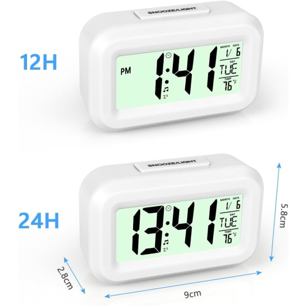 Digital väckarklocka för sängbordet, LED-display med justerbar snooze 12/26 timmar, temperatur, datum, timer, ljuskontroll - Väckarklockor