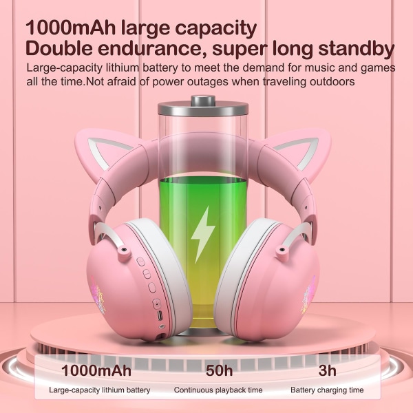 Värikäs valaistus Kissan korvat Bluetooth-kuulokkeet - Pitkä akunkesto, vakaa lähetys ja mukava käyttää pink