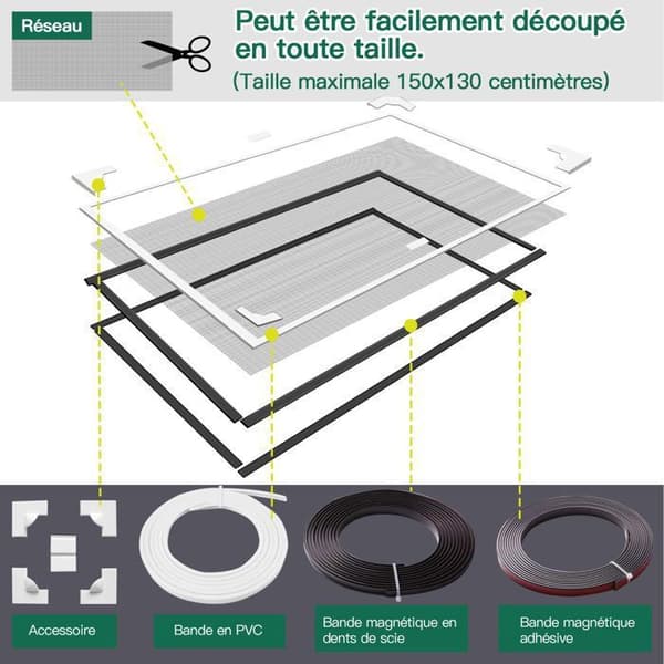 Vinduesnet - 130x150CM - Justerbart - Magnetisk - Hvid ramme