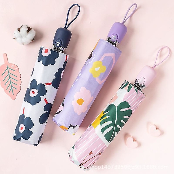 Vintage UV Beskyttende Blomstret Dame Paraply Chic Pink Rose Tre Foldbar Pige Holdbar Bærbar Paraply Automatisk Regntøj