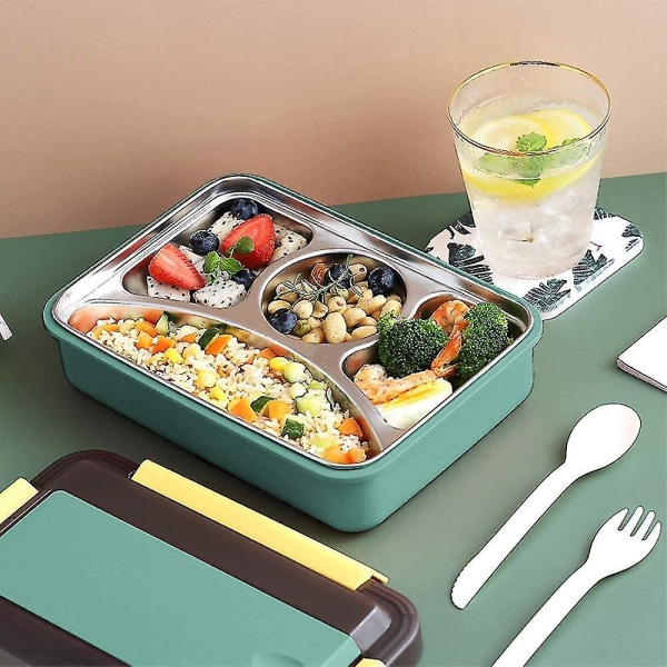 304 4-i-1 Lunchlåda med bestick, Speyang läckagesäker Bento-låda, Bento-låda i rostfritt stål, läckagesäkra sked-Bento-lådor, Lunchlåda för barn och vuxna
