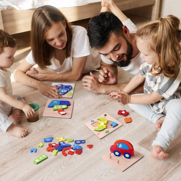 5 st trätrafikfordonsformade blockpussel