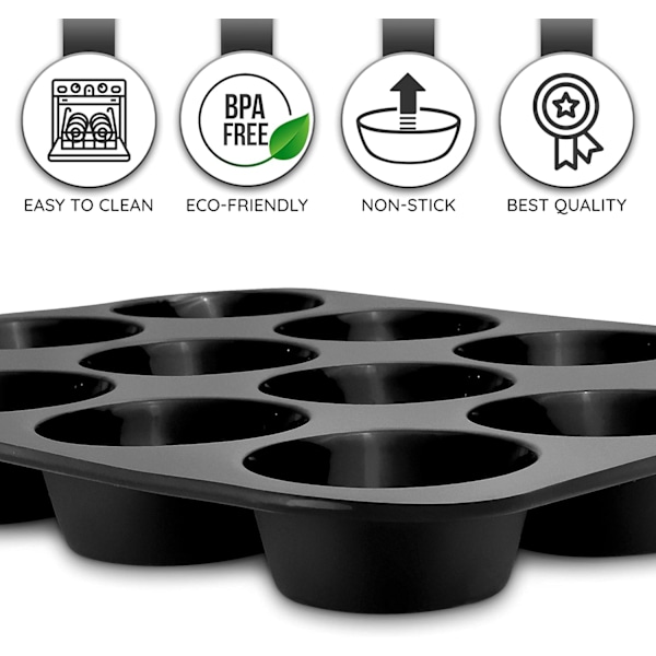Muffinsform i Silikone med 12 Huller | Non-Stick Cupcake Forme til Bagning | Ideel Gave til Bagere | Hjemmelavning Tilbehør | Sort Black