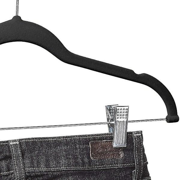 10-pack klädhängare med klämmor, svarta sammetshängare för kjol och byxor