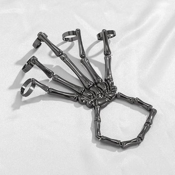 Skelet Punk Håndknogle Armbånd med Ring Kranie Fingre Håndled Bånd Spøgelseshånd Kæde til Mænd og Kvinder Halloween