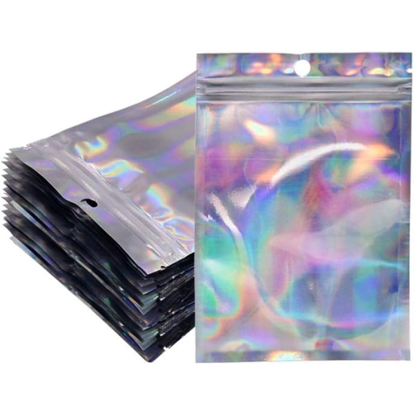 100 stk holografiske Mylar zip-låsposer Gjenlukkbare 10,4 x 14,9 cm, forseglbar folieprøvepose Gaveposer for godteri Snack Smykker Lash Lip Gloss
