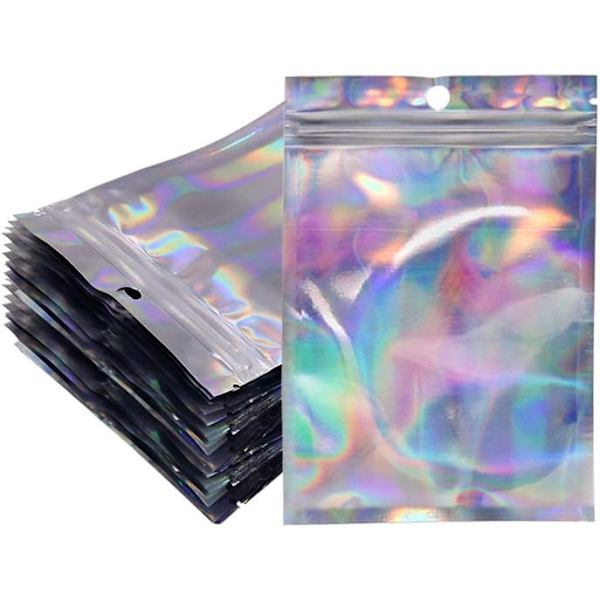 100 stk Holografiske Mylar Zip Lock Vesker Gjenlukkbare 10,4 x 14,9 cm, Forseglelige Folie Prøvepose Gaveposer for Godteri Snacks Smykker Vippe Leppestift
